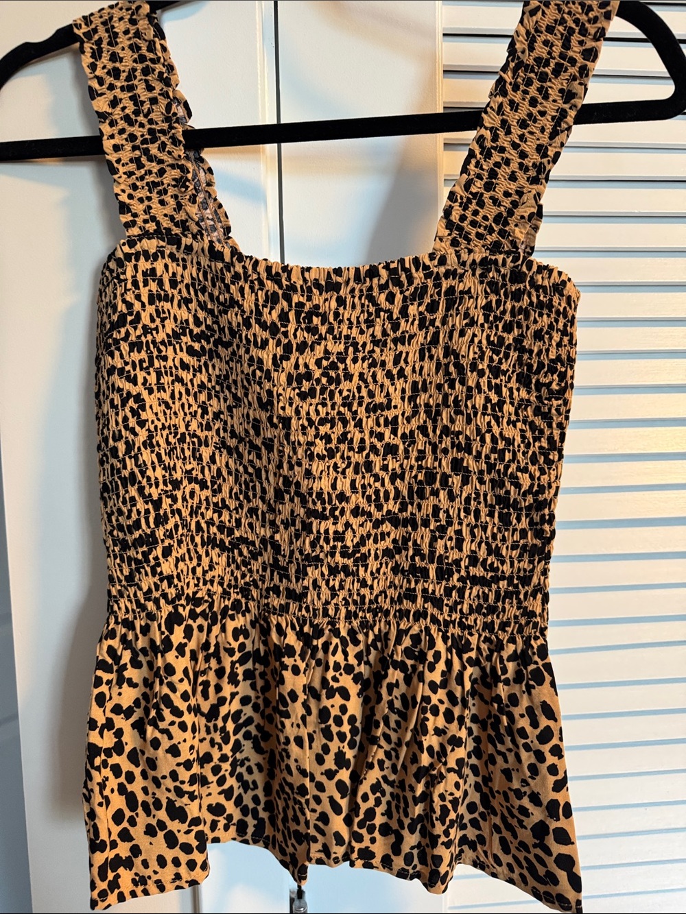 Smocked Leopard-Print Tank Top in Tan and Black